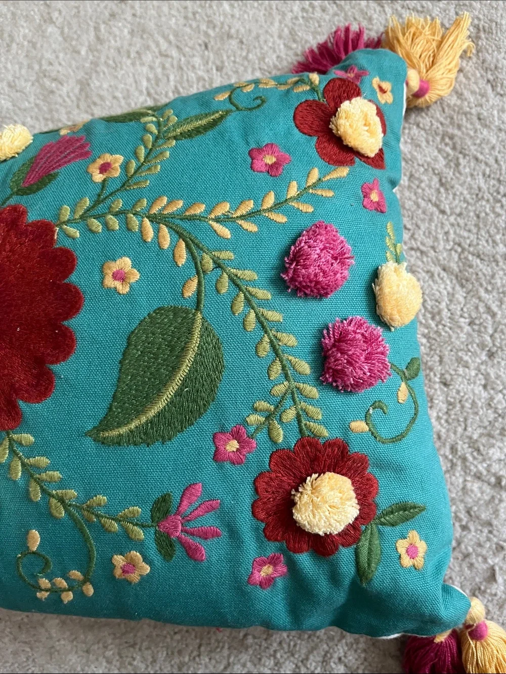 Pier 1 Fiesta Floral teal lumber embroidered  lumbar pillow boho fringe tassels